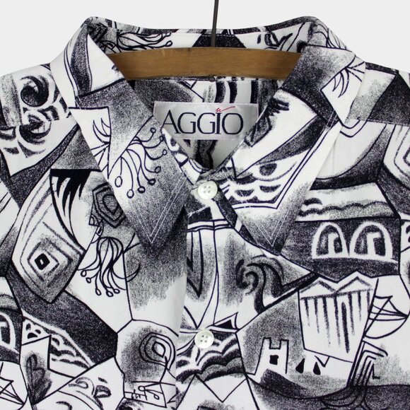 Vintage 90s Aggio Abstract Monochrome Sketch Print Button Down Shirt Size XL - Picture 6 of 10